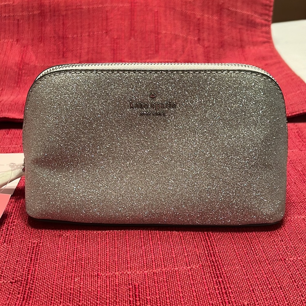 NWT Kate Spade Shimmy Glitter Cosmetic Case Pouch Silver